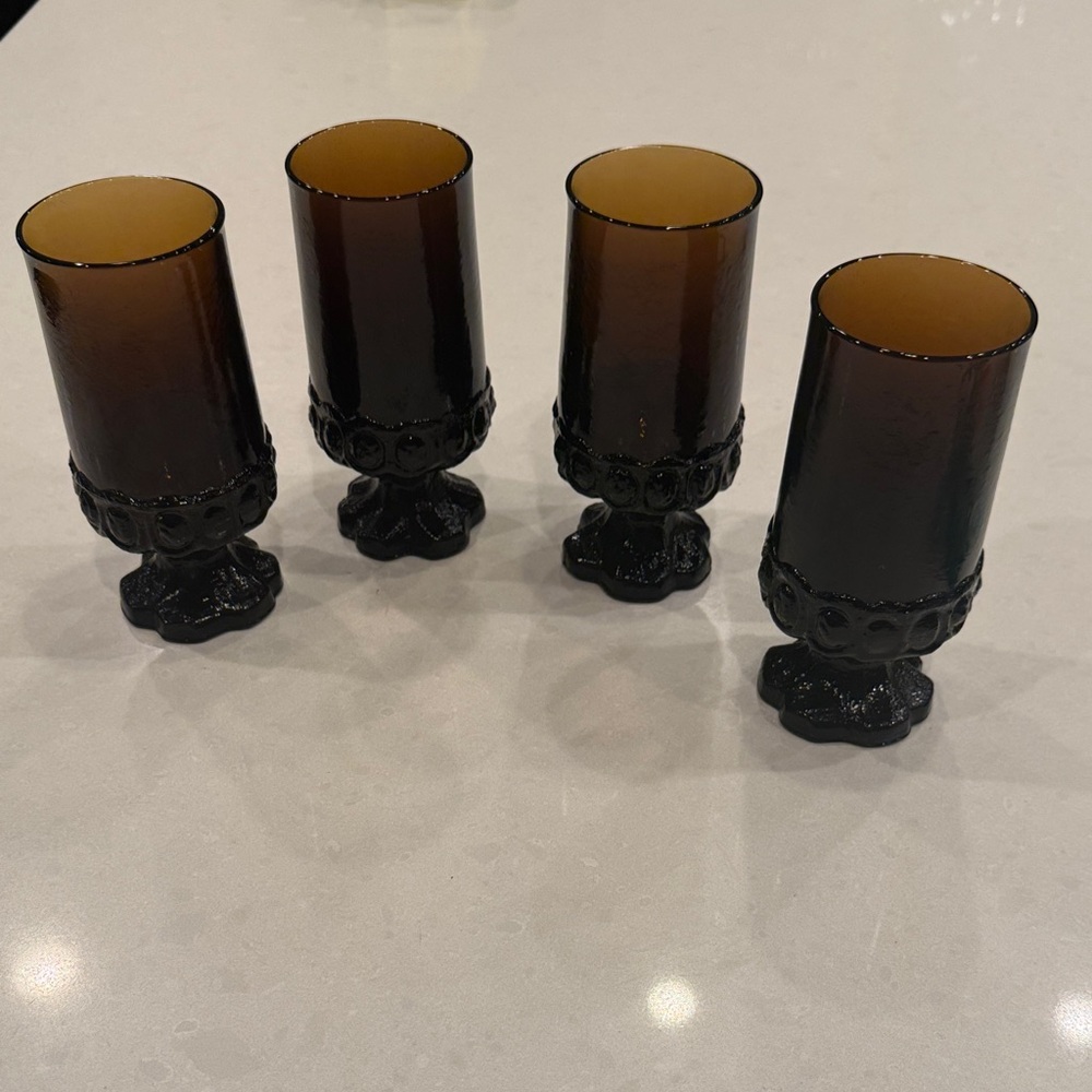 Franciscan Dark Brown Glass Goblets Set thumbprint design